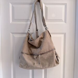 Donald Pliner tan silver hobo bag tote purse suede
